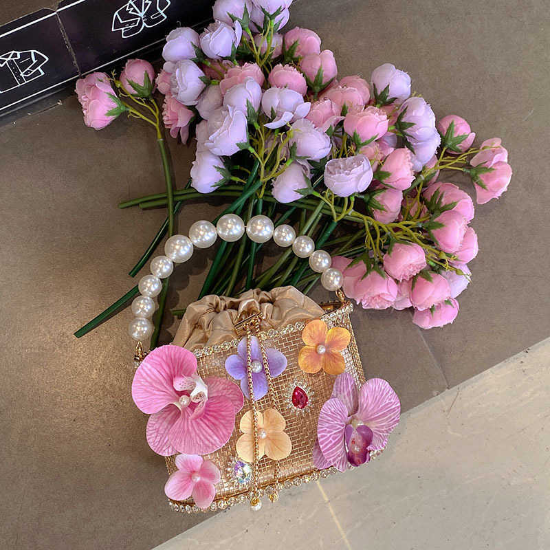 Metal Flower Beaded Handbag Shiny Non-Slip Water Basket Birdcage Party Bucket Clutch Crossbody Bag