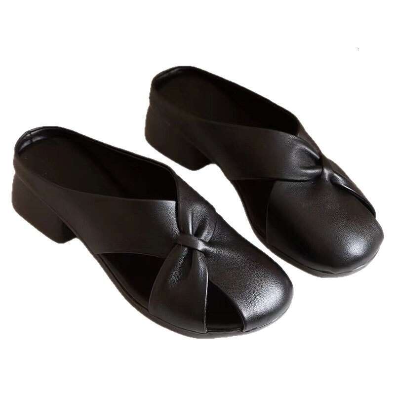 2025 Summer Outer Wear Top Layer Cowhide Casual Mules Hollow Closed Sandals Comfortable Round Toe Chunky Heel Women's Slippers