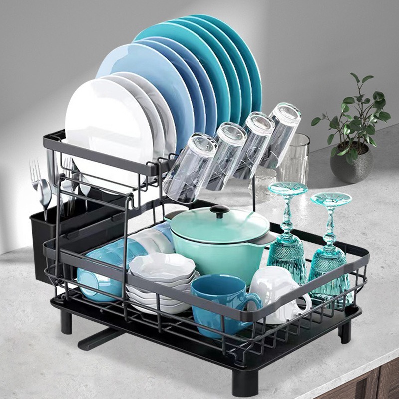 ICEDOG-Dish Drying Rack, 2 Tier Dish Racks for Kitchen Counter,Large Capacity Detachable Dish Rack, Rustproof Dish Drainer with Drainboard,Utensil Hol