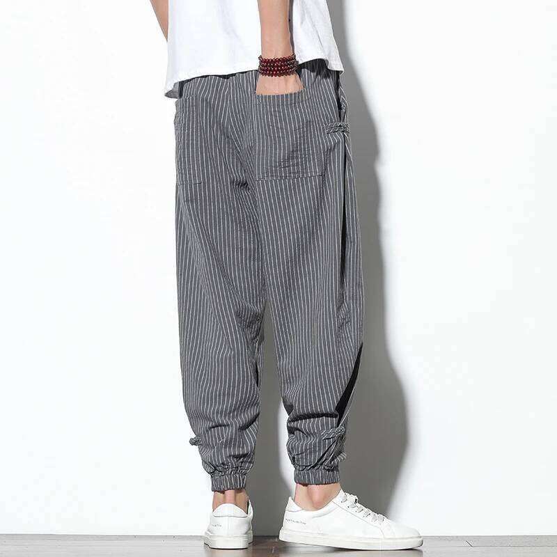 Spring Summer Disc Striped Harem Mens Breathable Cotton Linen Pencil Pants Buckle Casual Bloomers Fashion Trousers