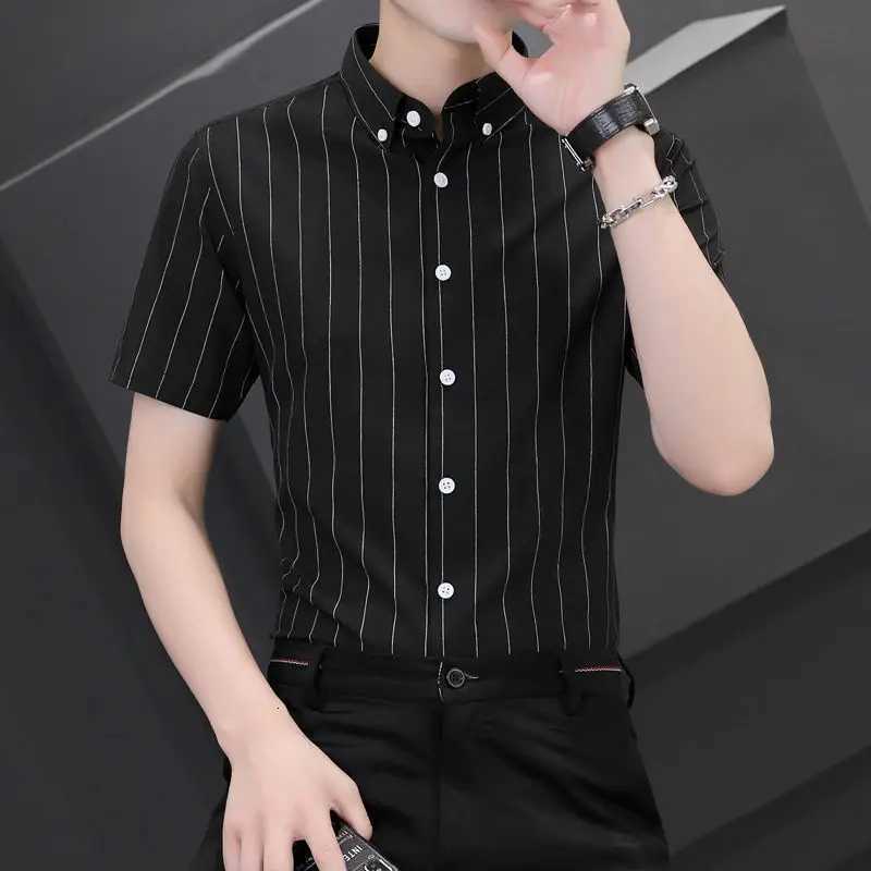 Fashion Lapel Button Korean Striped Short Sleeve Shirts Mens Clothing 2025 Summer New Loose All-match Tops Casual Shirts Y250819