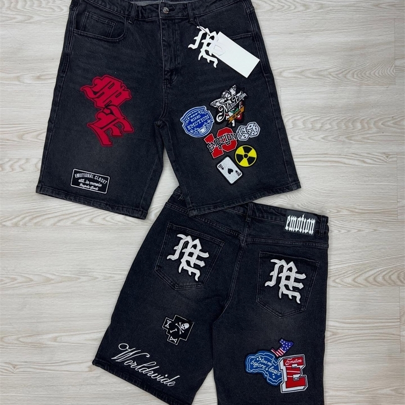 Streetwear Vintage Denim Shorts Y2K Jeans Hip Hop Cartoon Letter Embroidery Retro Black Baggy Short Low Waist Over The Knee Pant y250819