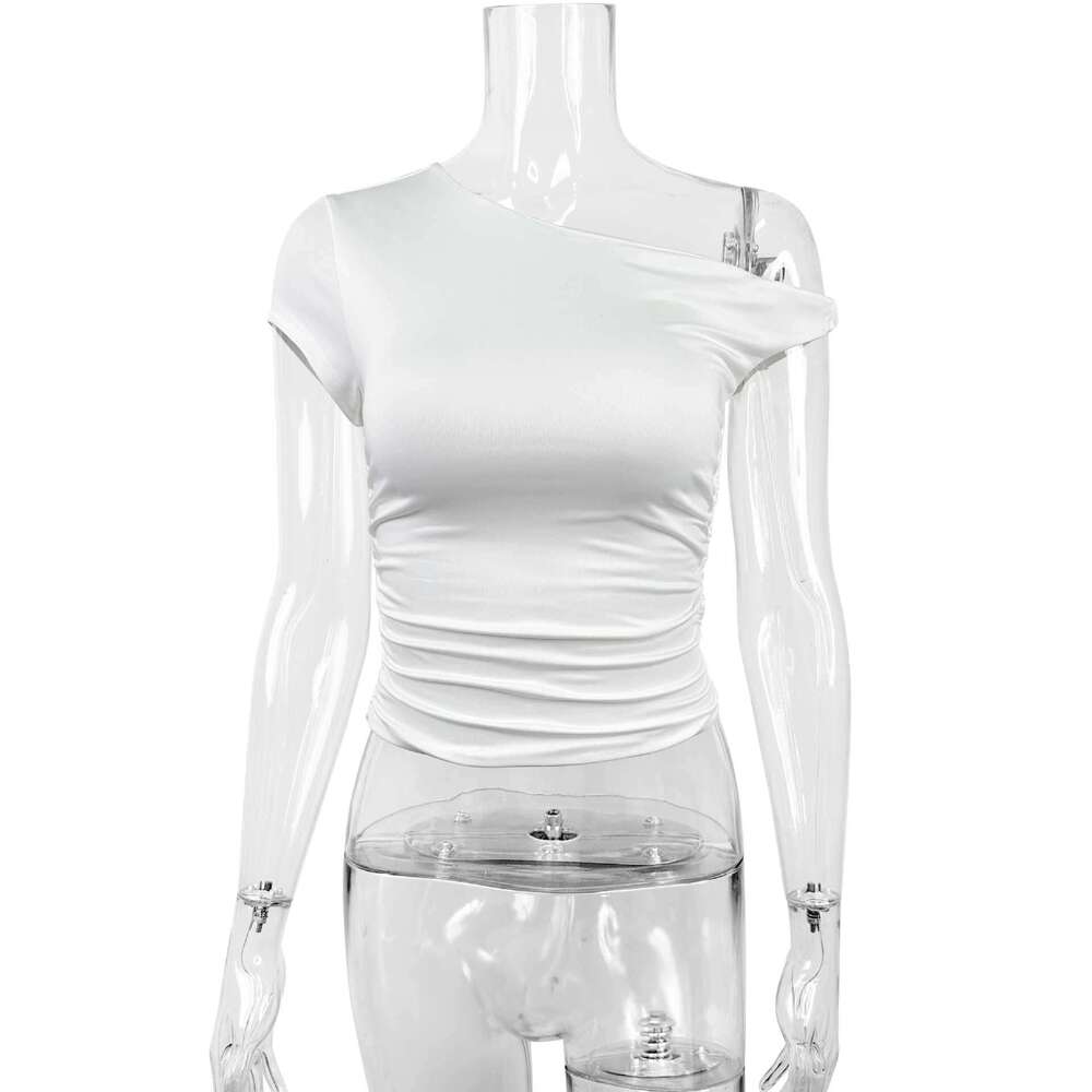 Summer New Style Asymmetrical Neck Sexy Sale Slimming Ruched Crop Top Hot Girl Women's Clothing