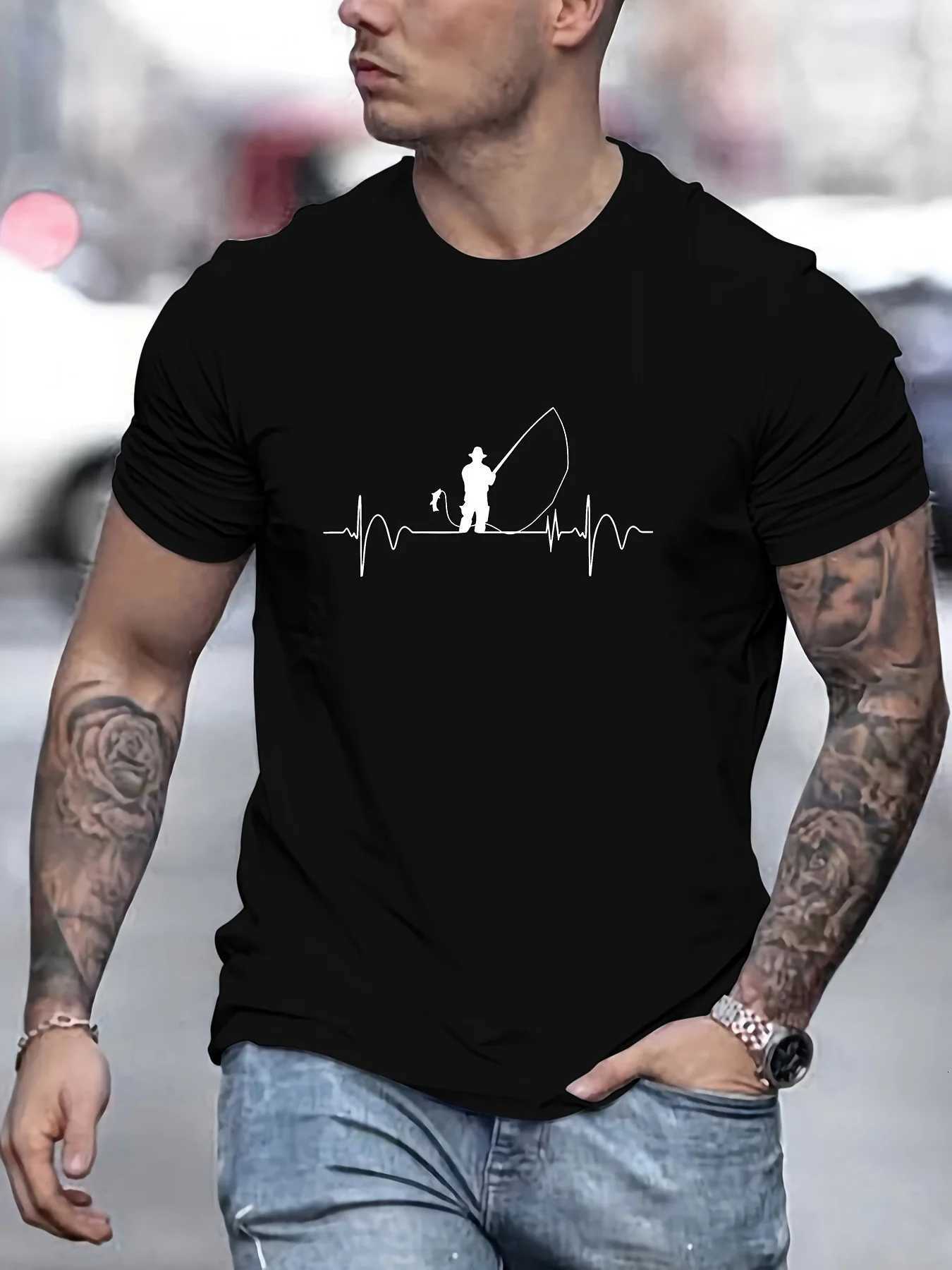 Man Short Sleeve T-shirt Fisherman Print Summer Breathable Streetwear Oversized O-Neck Tee Casual Fashion Clothing Y250819