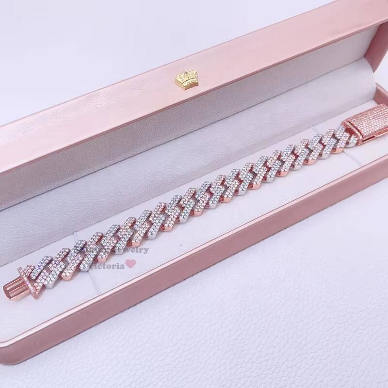 Hip Hop Iced Out 10mm 13mm 15mm Rose Godl 2 Tone Vvs Moissanite Cuban Bracelet