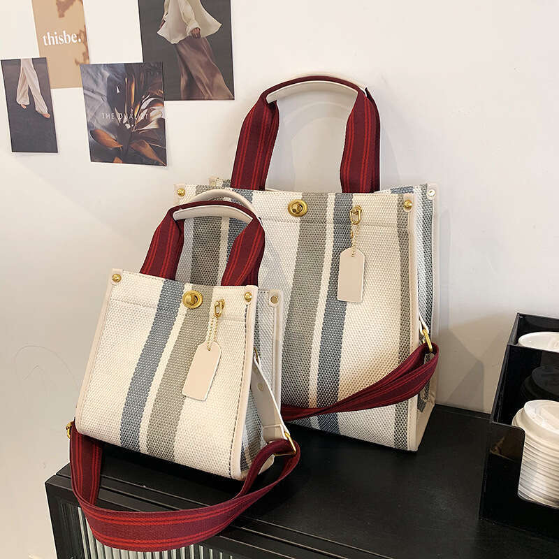 2025 New Women's Handbag Tote Bag Trendy Canvas Striped Student Shoulder Crossbody Backpack