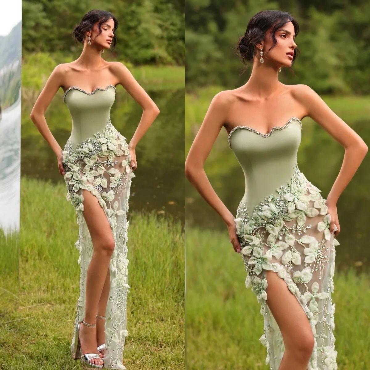 Fancy Evening Dresses Strapless Prom Gowns 3D Floral Flowers Pearls Crystal Princess Side Split Sleeveless Sweep Train Customized Vestidos De Noche Pl