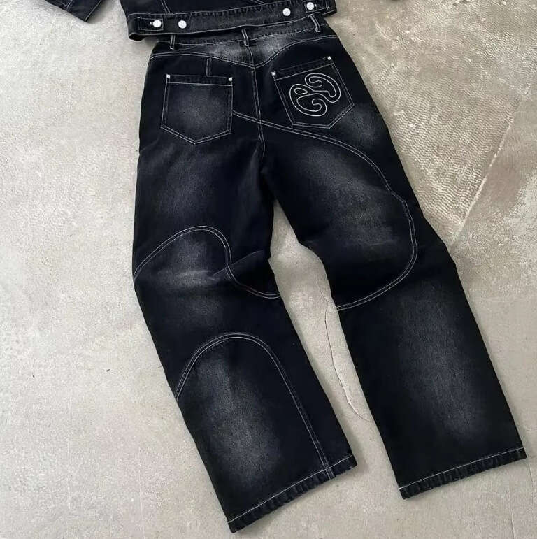 Trendy Brand Line Stitching Jeans for Men High Street Design Loose Embroidered Jacket Gothic Style Set