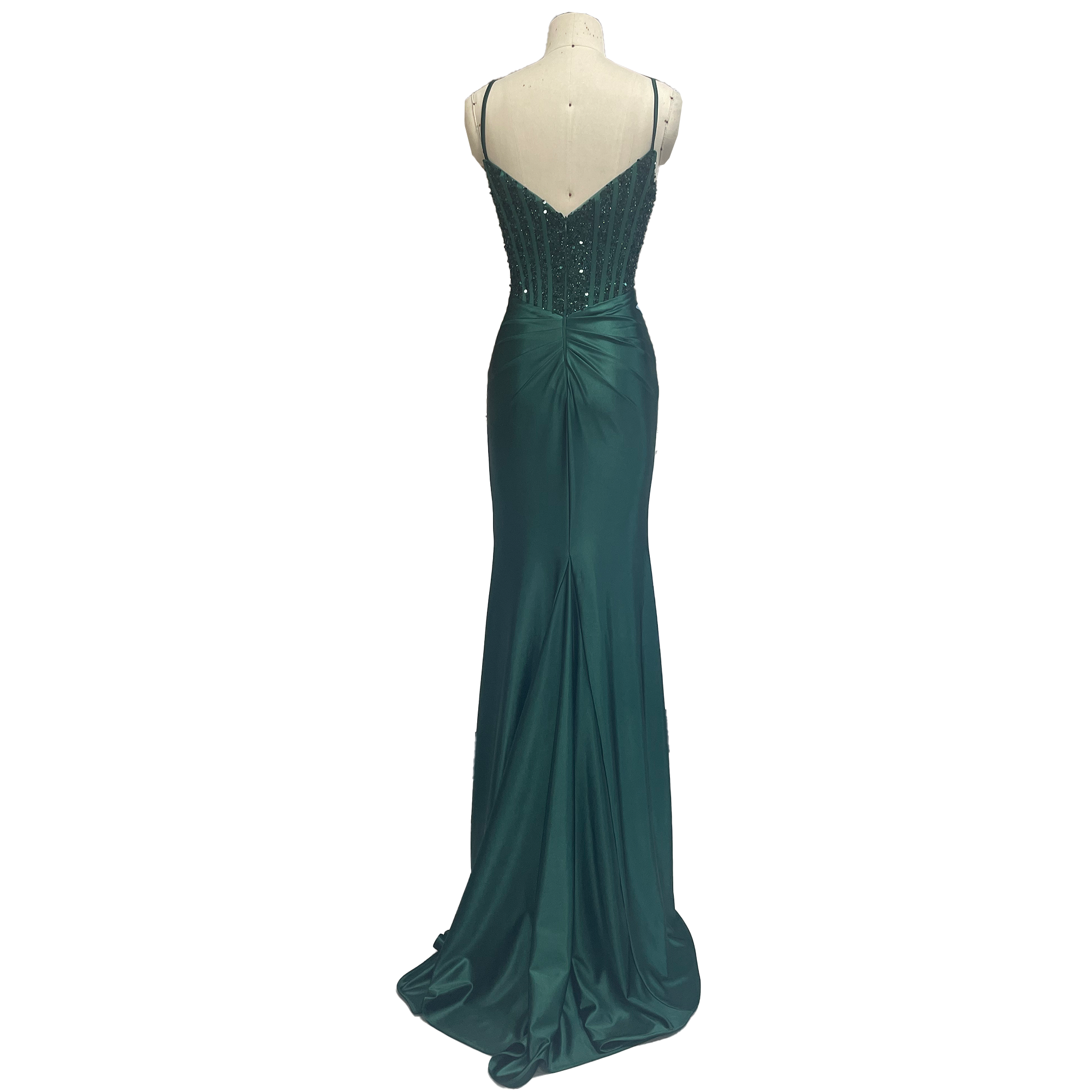 Emerald Green Sequin - Embellished Spaghetti Strap Mermaid Evening Gown with High Slit