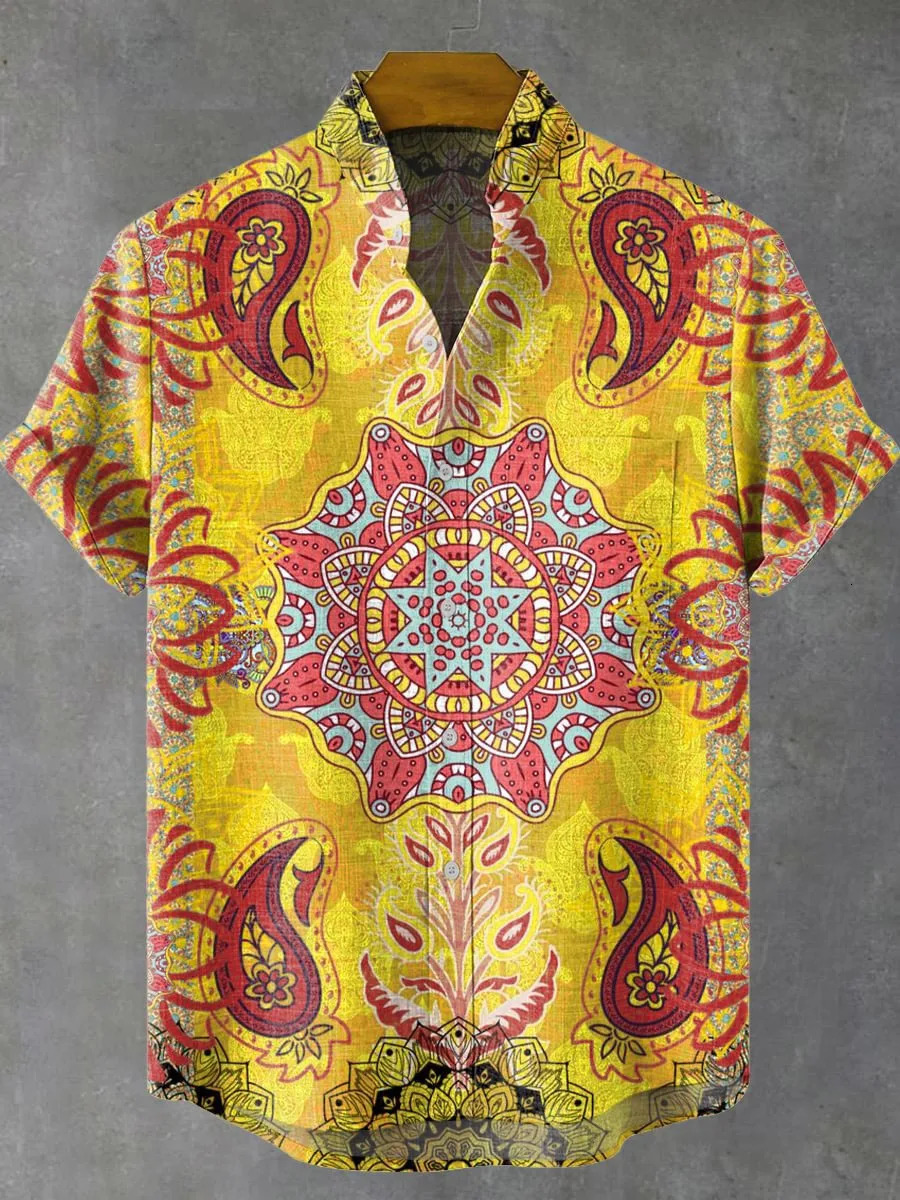 Retro Tribal Totem Pattern Printing Mens Linen Comfortable Fabric Shortsleeved Shirt Casual Street Fashion Delivery Super 250808