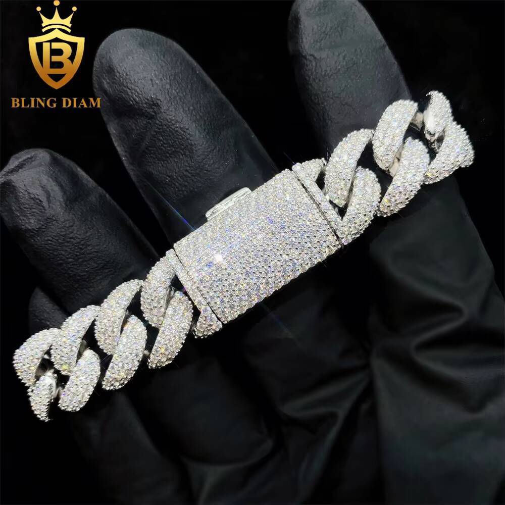 3 Row Iced Out Hip Hop 15mm Cuban Link Chain Bracelet Necklace 925 Sterling Silver VVS Moissanite Pass Diamond Tester
