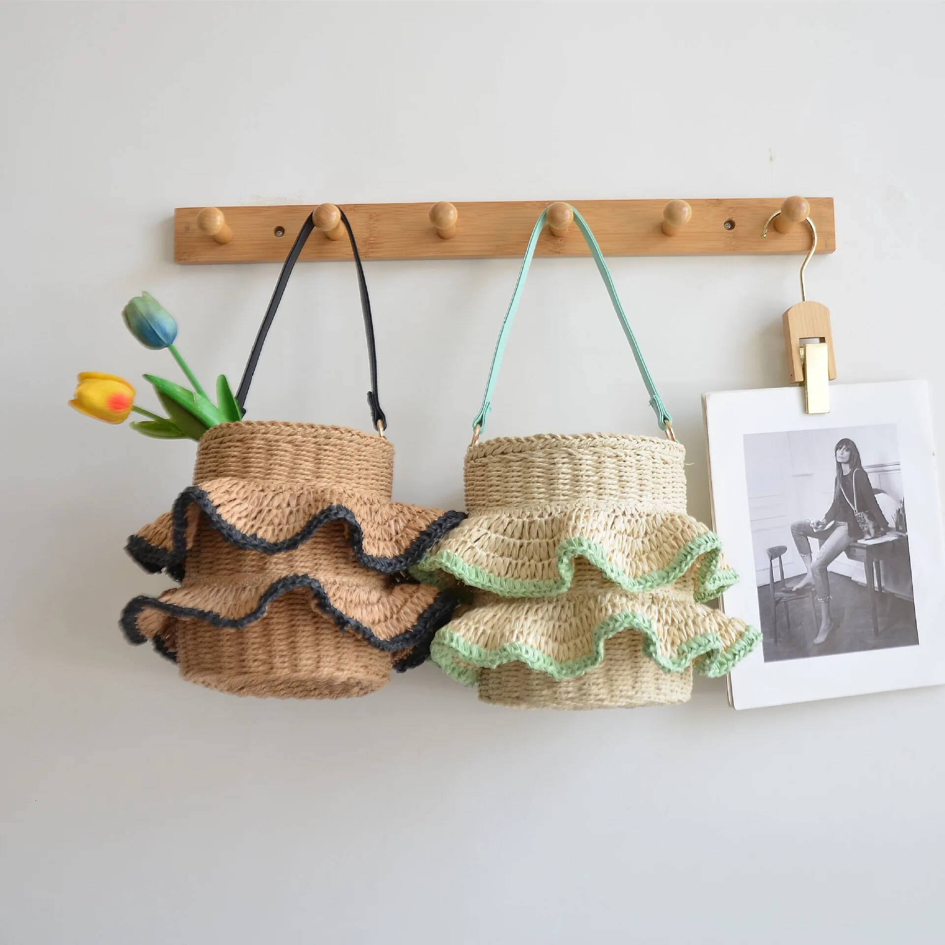 Summer Ruched Bucket Bohemian Shoulder for Women Travel Beach Bag Handbagsand Purses Paper Rope Woven Bags Clutch high-quality