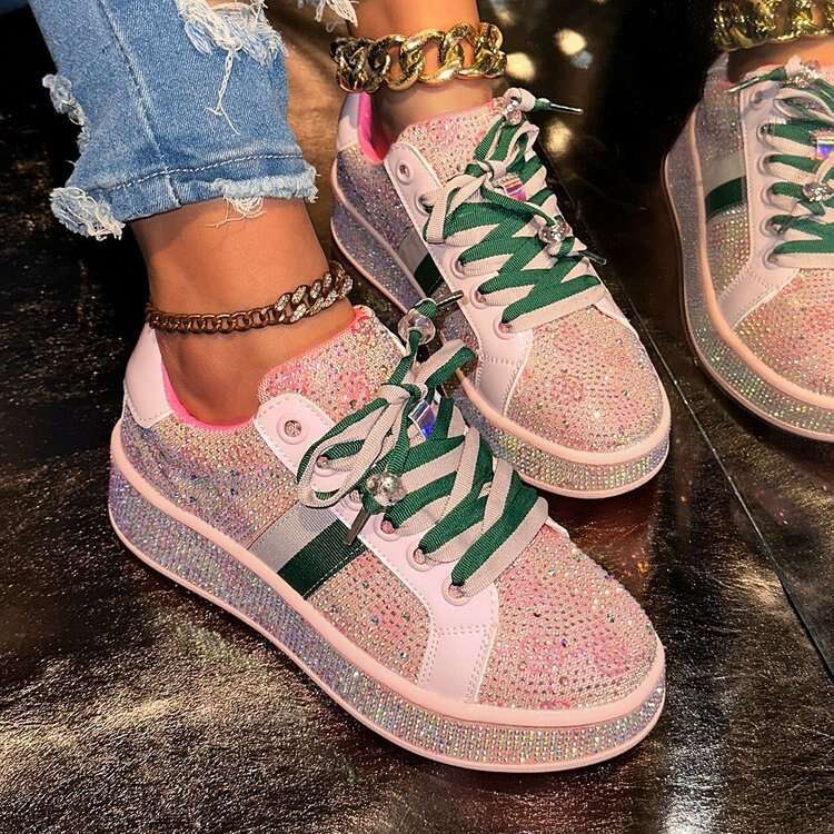 Full Diamond Thick Sole Sneakers 2025 Spring New Color Block Embroidered Large Size Casual Sports Shoes for Women