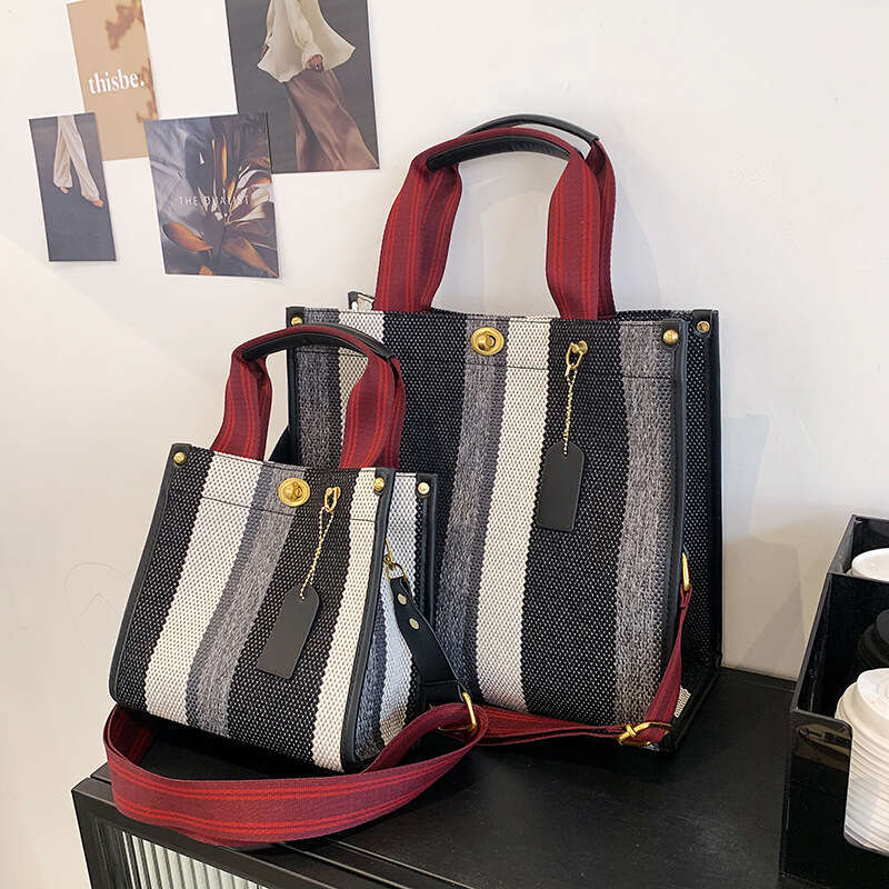 2025 New Women's Handbag Tote Bag Trendy Canvas Striped Student Shoulder Crossbody Backpack