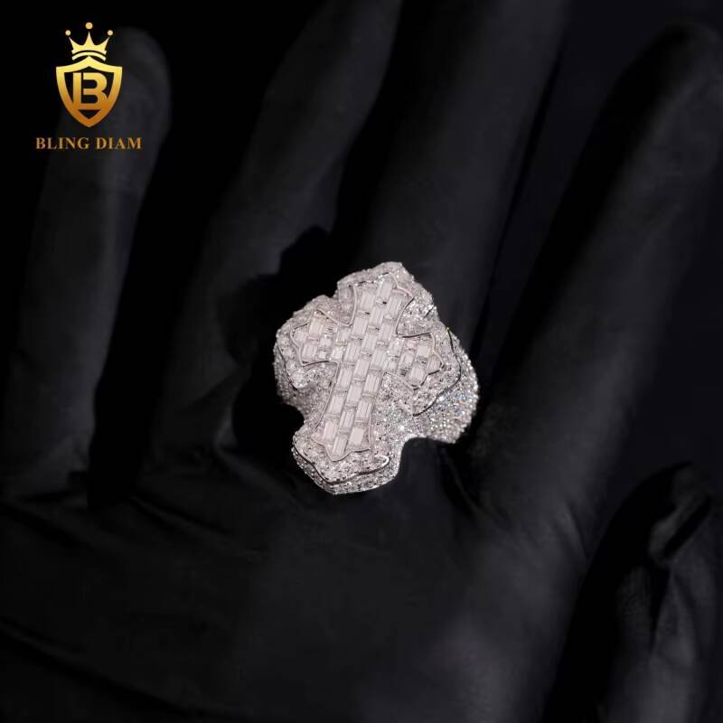 UAS Local Stock Hip-Hop Jewelry 925 Sterling Silver Vvs Moissanite Gra Certifficate Iced Out Jesus Cross Rings for Mens