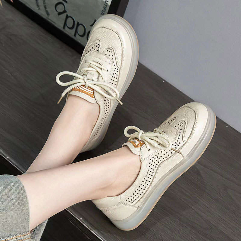 2025 New Summer Top Layer Cowhide Perforated Single for Women Casual Thick Lightweight Jelly Sole German Training Shoes