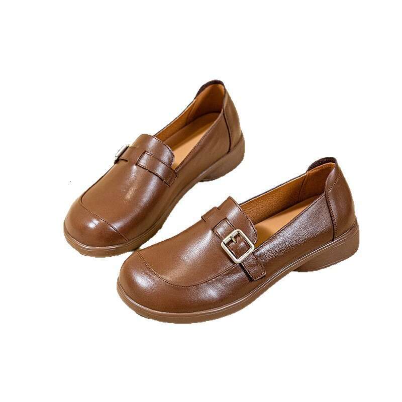 Cowhide Soft Sole Chunky Heel Single for Women, Mom Middle-aged and Elderly Small Leather Shoes, Round Toe Slip-on Loafers, Large Size Women's Sh