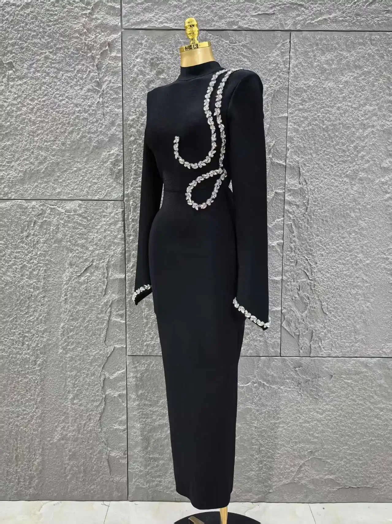 Black Red Women Long Sleeve Shinning Crystal Bodycon Bandage Dress Elegant Evening Party Cocktail Outfit Vestido 250821