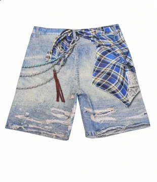 Classic style men and women gradient check print used washing jeans summer casual loose vintage blue denim straight shorts 250820