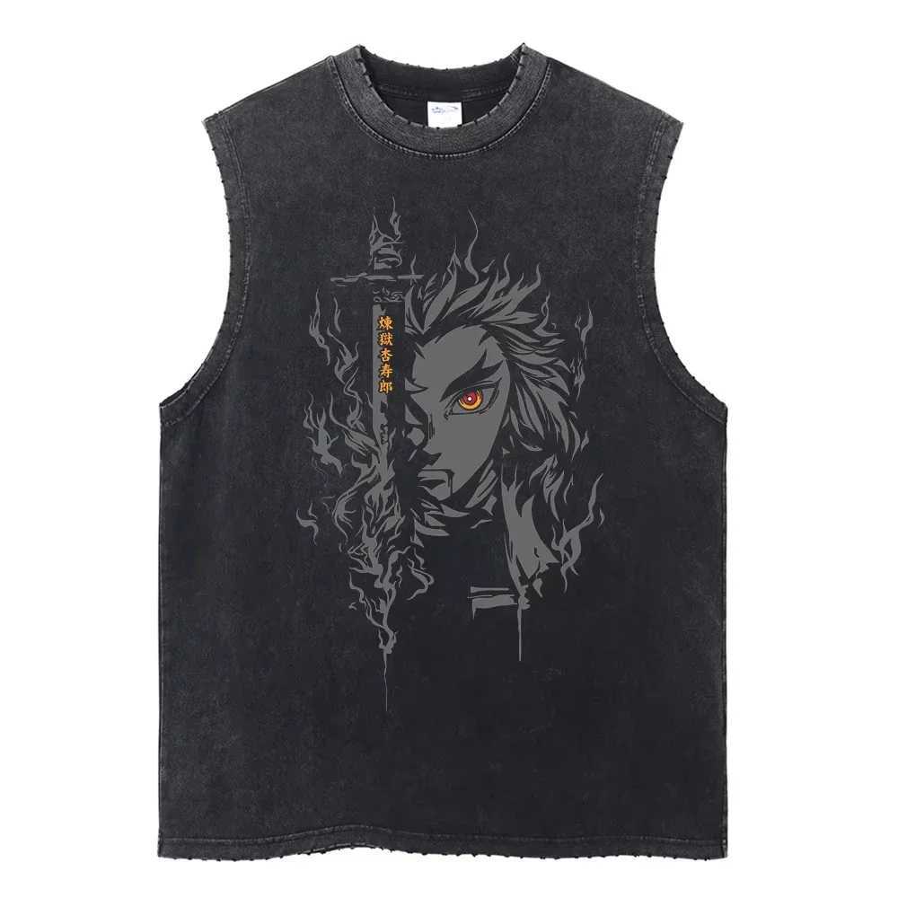 Anime Demon Slayer Printed Mens Tank Tops Summer Y2k Washed Cotton Vintage Gym Vest Womens Casual Sleeveless Shirts Streetwear X250821