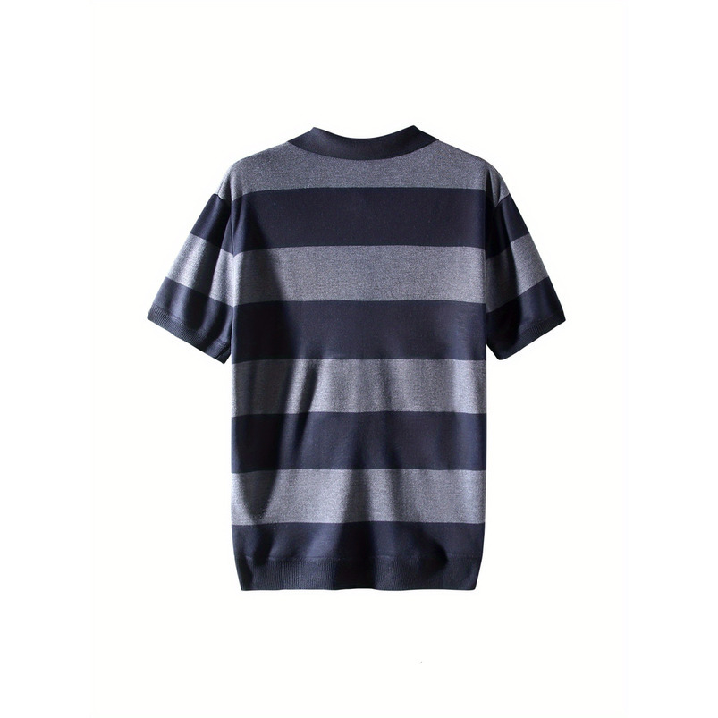 Men's Simple Casual Fashion Turn-Down Collar Polo Shirt Youth Knitted Striped Short Sleeve Top