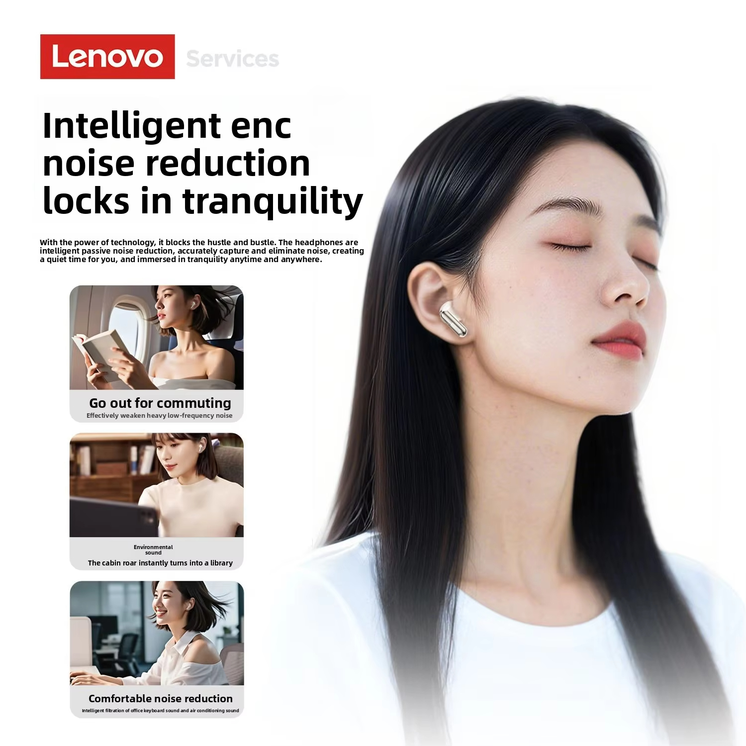 LenovoService Wireless Headphones TWS 6.0 Bluetooth Earphones Breathing Light Display Long Battery Music LE208 Game ENC Noise Cancelling Earbuds