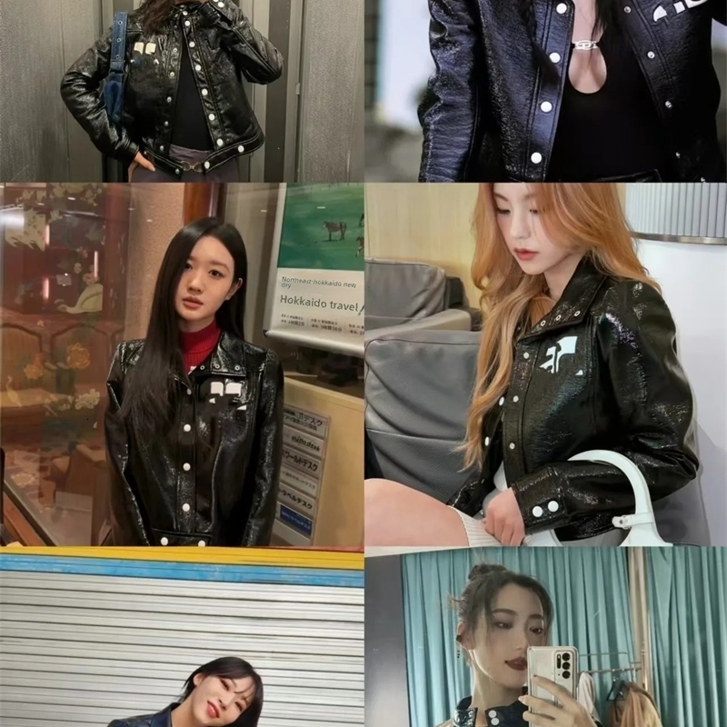 Trendy French Classic Embossed PU Texture Shiny Leather Jacket Coat Moto Short Flip Collar Outerwear 250820