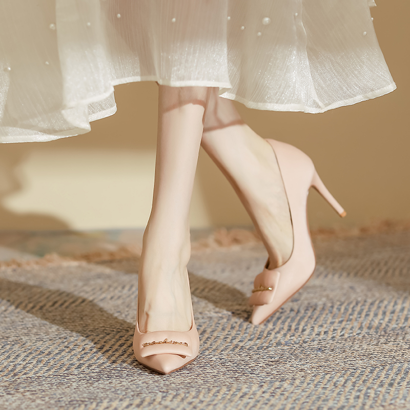 YUANLITONG Stylish Autumn Heels With Square Decor And Buckle Details Elegant Chic Pointed Toe High Heels Pink