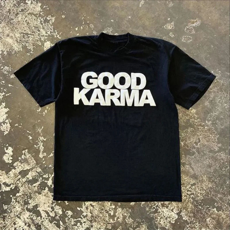 Fashion womens Hip-Hop Streetwear Tees Oversized Letter Print GOOD KARMA Y2k O-neck loose cotton T-Shirt cute Womens Top 250820