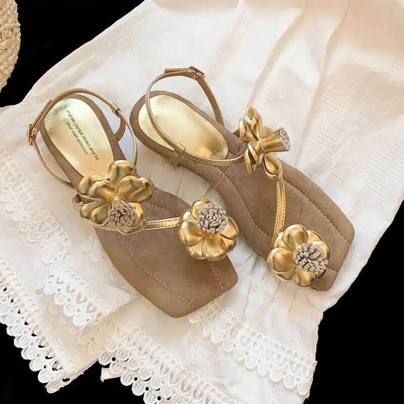 Sheepskin Version ~ Summer New Style Small Fragrance Open Toe Square Head Camellia One-Strap Women Flat Sandals