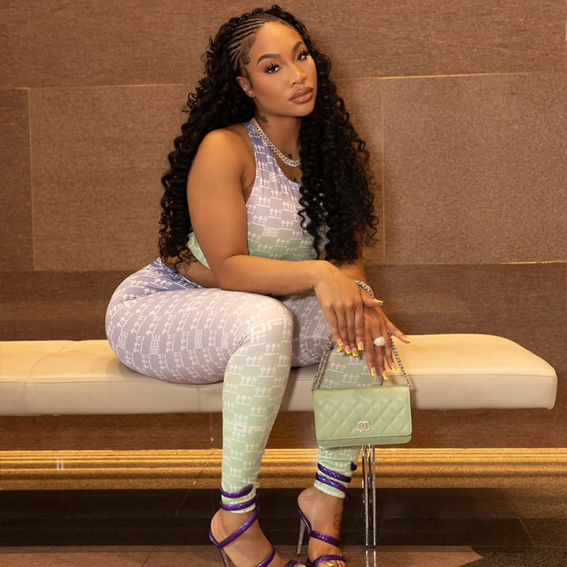 Sports Style Commuter Womens Hollow Out Slim Fit Printed Pants Set Vest Top Skinny Pants Two-Piece Set