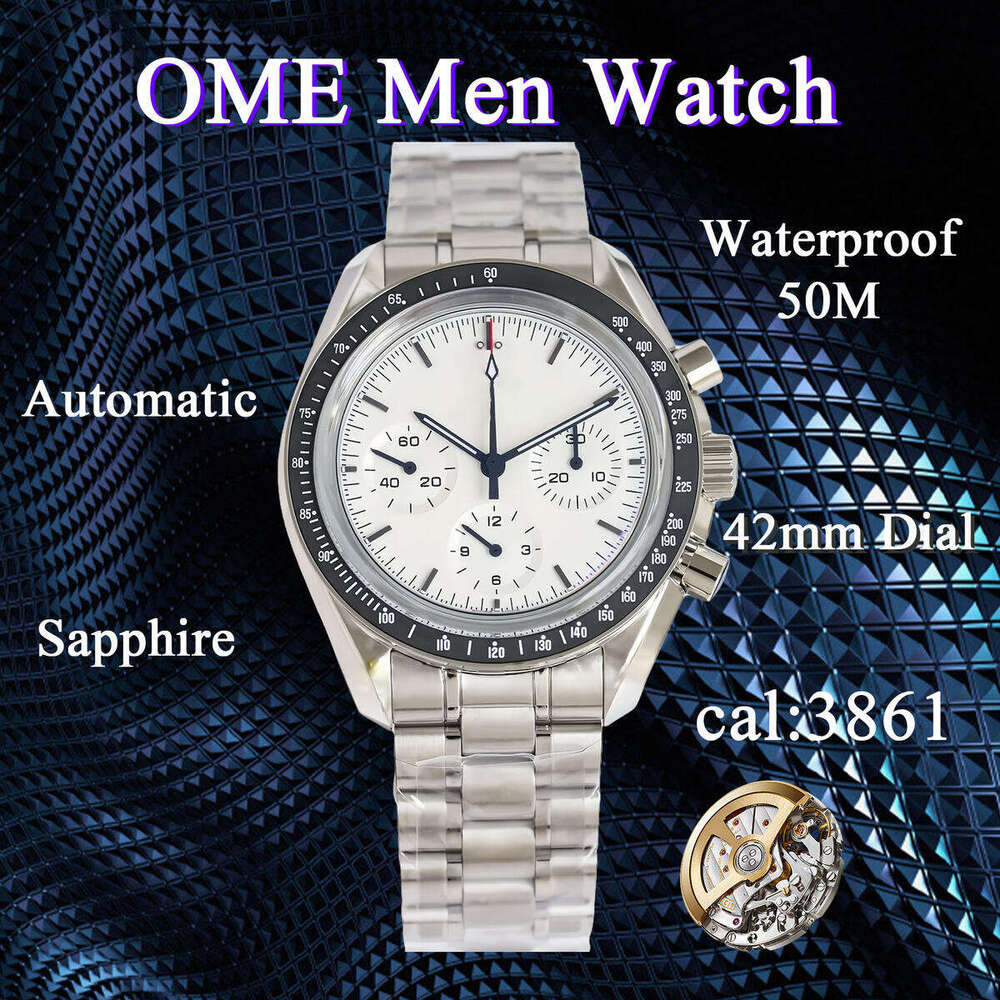 Men's Chronograph Mechanical Hand-winding Watch Super 3861 Men Luxury 42mm White Dial Professional 904L Steel Bracelet CAL.3861 Movement ETA Mens Sport Watches