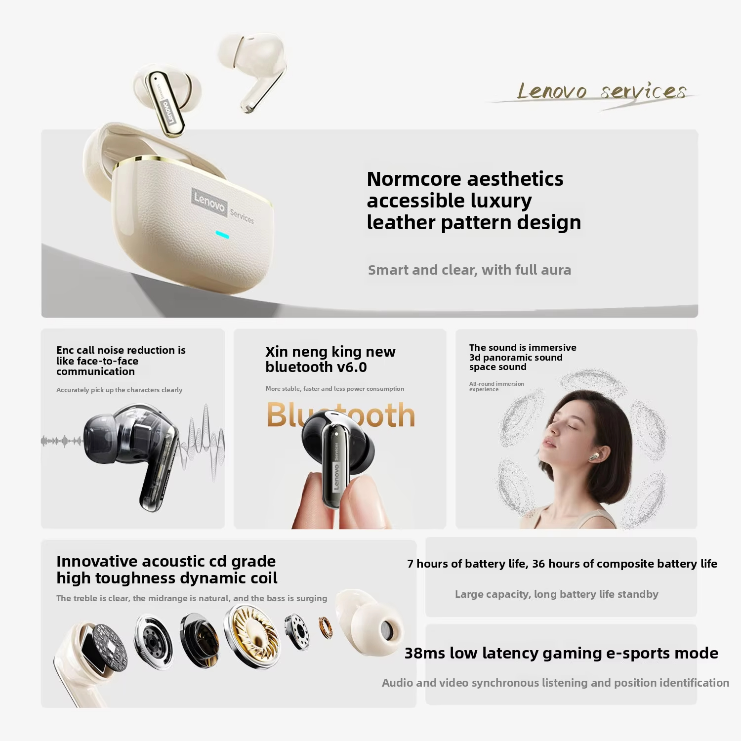 LenovoService Wireless Headphones TWS 6.0 Bluetooth Earphones Breathing Light Display Long Battery Music LE208 Game ENC Noise Cancelling Earbuds