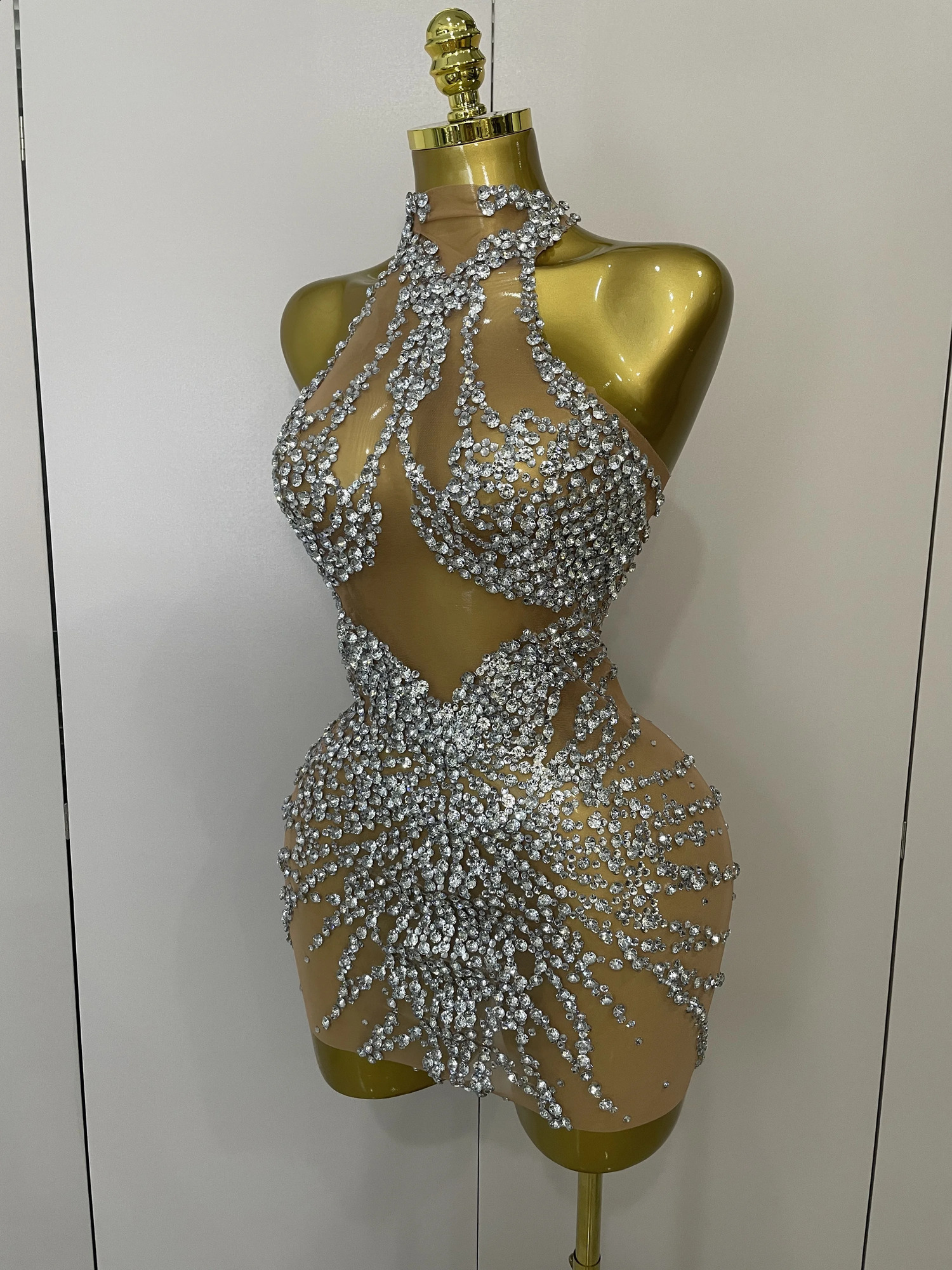 STOCK Sparkly Rhinestones Sexy Mesh See Through Dress Party Evening Prom Celebrate Birthday Dress Singer Dancer Show Stage Wear 250820