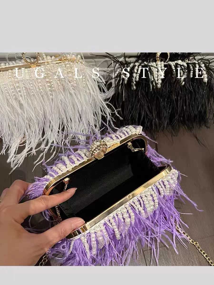 Designer Ostrich Hair Evening Bag Pearl Beading Tassel Womens Handbag Wedding Party Clutch Purse Shoulder Crossbody Bag Z250821