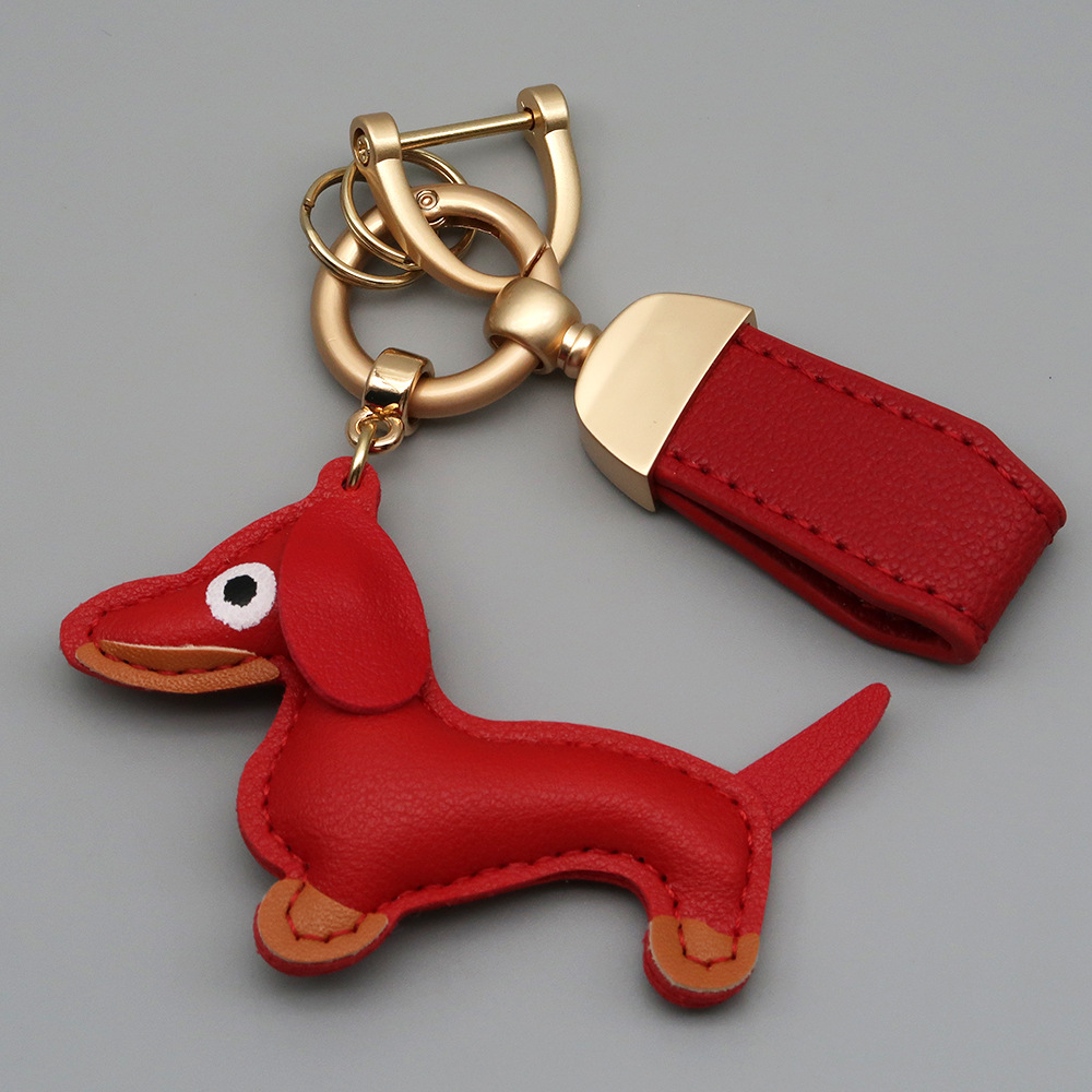 New Arrival Goat Grain Leather Keychain Cute Dachshund Dog Charm Car Key Holder Premium Braided Lanyard Women Bag Charms Accessory (Custom Logo Availa