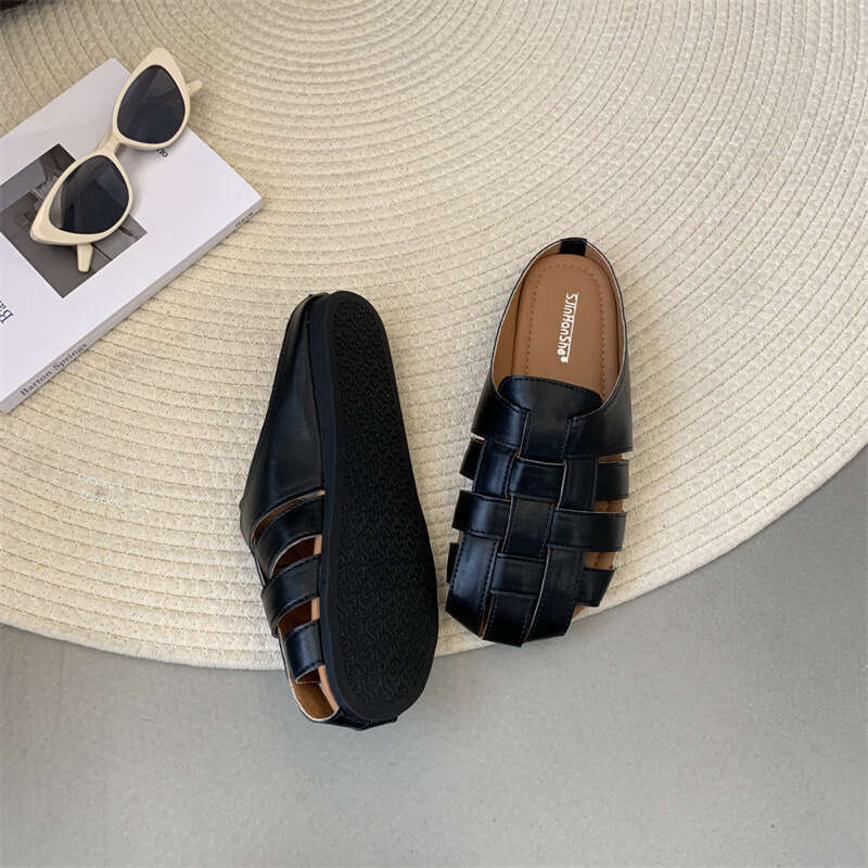 Closed-Toe Half Slippers for Women Summer 2025 New Style Woven Hollow Thick-Soled Slip-On Lazy Mules