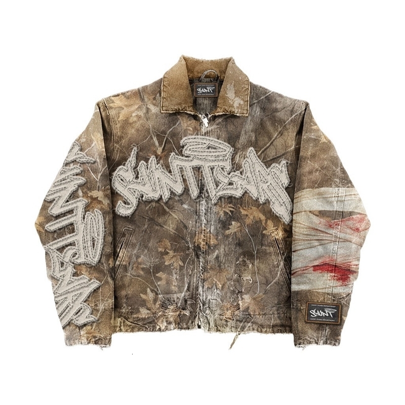 Streetwear Retro Vintage Camouflage Leaf Jacket Y2K Clothes Mens Hip Hop Letter Patch Embroidery Oversized Jacket Casual Coats 250820