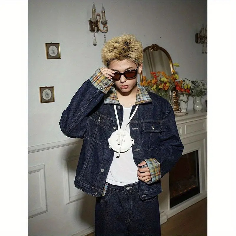 Two-piece Set Loose Spliced Denim Coat Vintage Plaid Irregular Splicing High-end Denim Suit Jeans Punk Retro Pockets Suit 250818