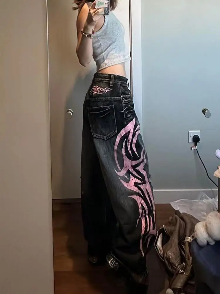 Y2K Street Retro Jean Mottled Totem Print Loose Pants Fashion Hip Hop Trend Couple American Straight Wide Leg 250820