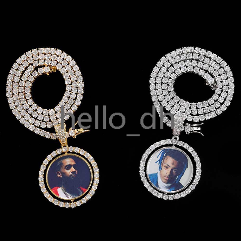 Custom 925 Silver Moissanite Photo Pendant Double Sided Rotating Circle Iced Out Personalized Memory Picture Pendant