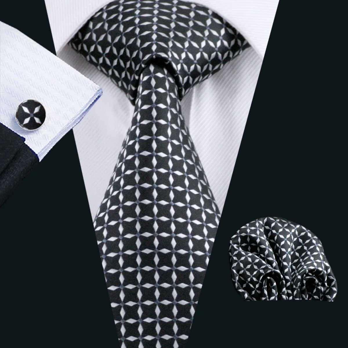 Men Tie Classic Black Plaid Necktie Casual Silk tie Jacquard Tie Handkerchief Cufflinks Set Wedding Party Business Barry .Wang H250820