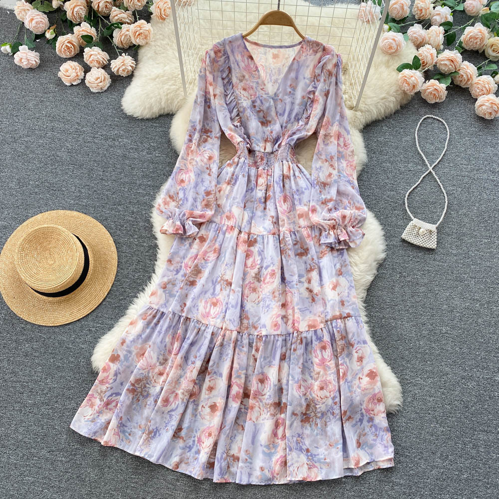 Autumn Style Fairy Tale Long Skirt Bubble Sleeve Stand Collar Lace Trim Floral Print Chiffon Dress Slimming A- Line Dress 250326