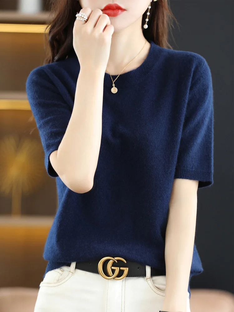 Women Merino Wool Sweater Cashmere Pullover Fashion Basic O-Neck Knitwear Short Sleeve Elegant T-Shirt Clothing Tops 250821