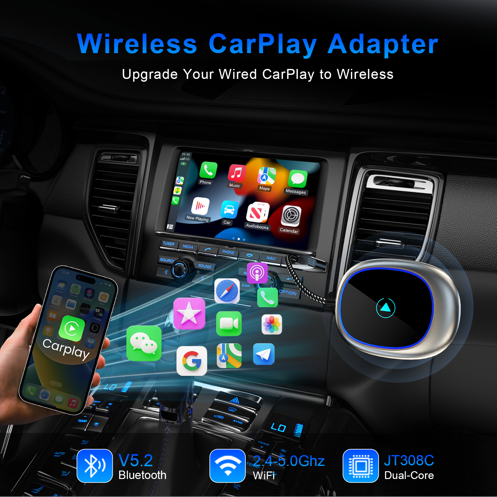 KOWANKIT Wireless CarPlay Android Auto Ai Box, Plug & Play Dongle Converts Wired To Wireless, Vehicle Multimedia Upgrade, No Delay, 2in1 Car Accessori
