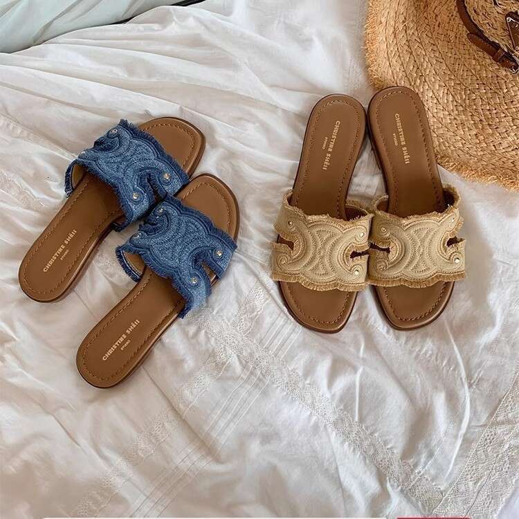 Selected Su Yinyin Same Style Arc de Triomphe Vacation Beach Embroidered Denim Fringe Slippers Women Flat Sandals