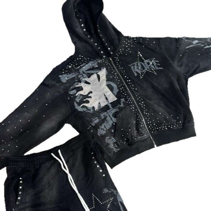 High Street Design Printed Hoodie Zipper Rhinestone Dark Loose Casual Pants Set B5