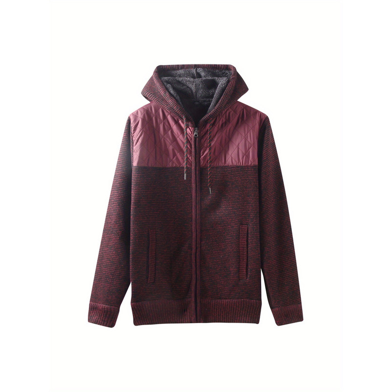 Men's Casual Hooded Polyester Jacket, Solid Color Knitted Fabric, Slightly Stretchy, All-Season Warmth, Suitable for Golf, Hiking, Sports, and Ou