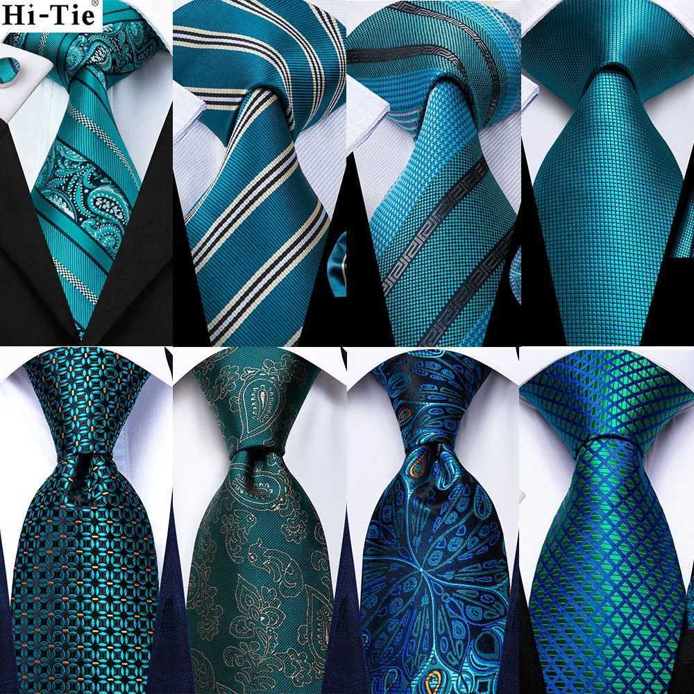 Teal Green Striped Luxury Designer Silk Wedding Tie For Men Handky Cufflink Mens Necktie Fashion Business Party Dropship Hi-Tie H250820