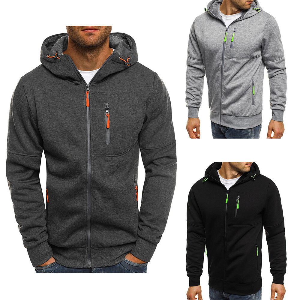 Men's hoodie casual hoodie with zipper pockets full zipper long-sleeved sweatshirt sports hooded jacket